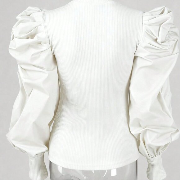 White Casual Women's Round Neck Fitted Puff Sleeve Top - Picture 2 of 5